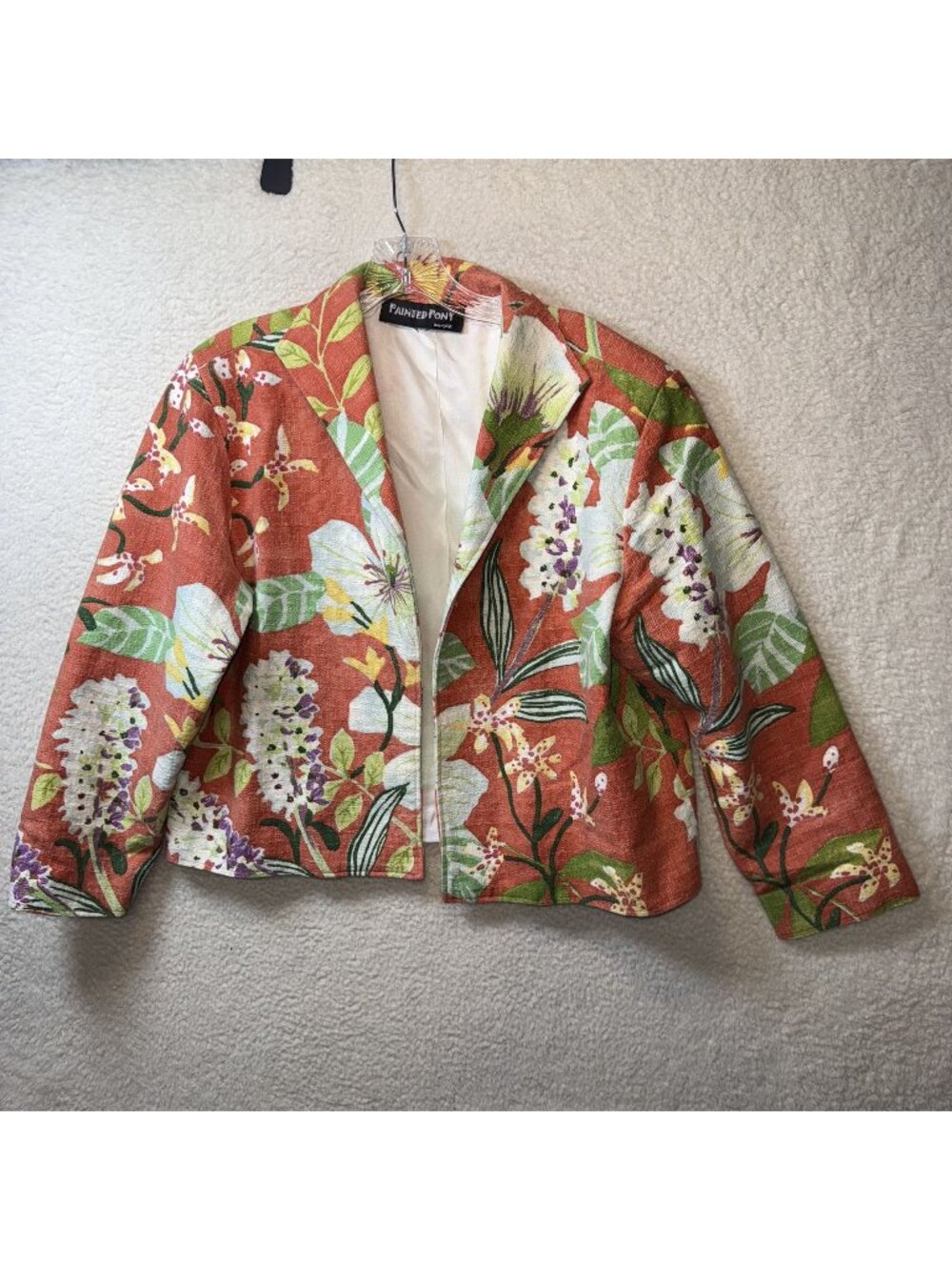 Vintage Floral Orange Painted Pony Jacket Womens Medium Cotton Rayon Blend